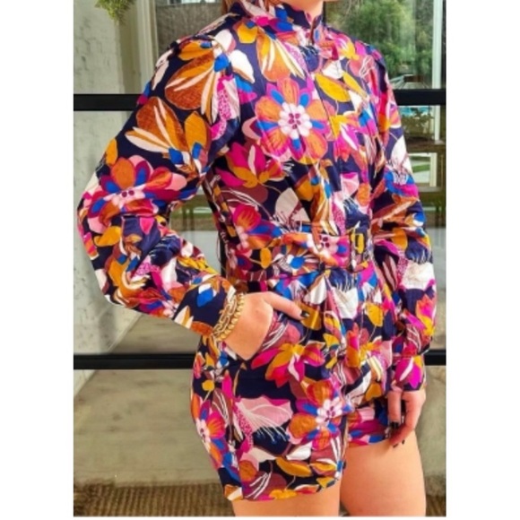 Fate Floral Long Sleeve Belted Romper - Retro Mod Print Playsuit - Size M - Picture 2 of 8
